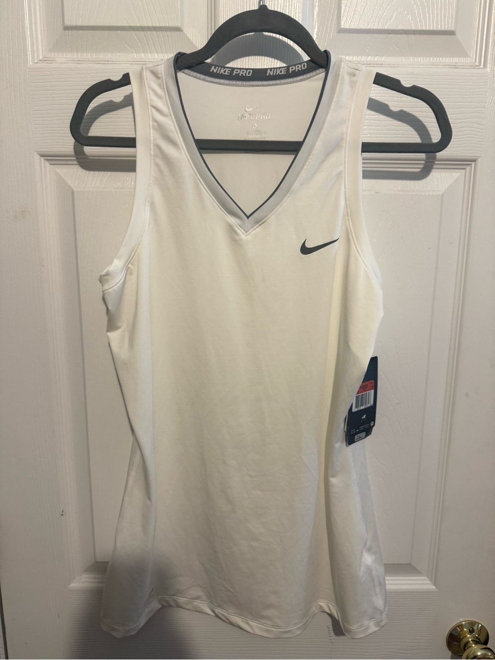 Nike White V-Neck Performance Tank with Black Swoosh